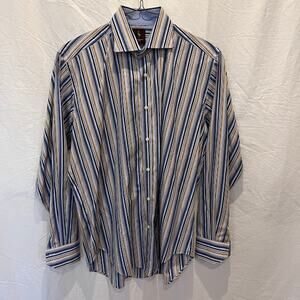 VTG Tailorbyrd Shirt Mens Button Down Blue Mustard Multi Stripe Dress XL